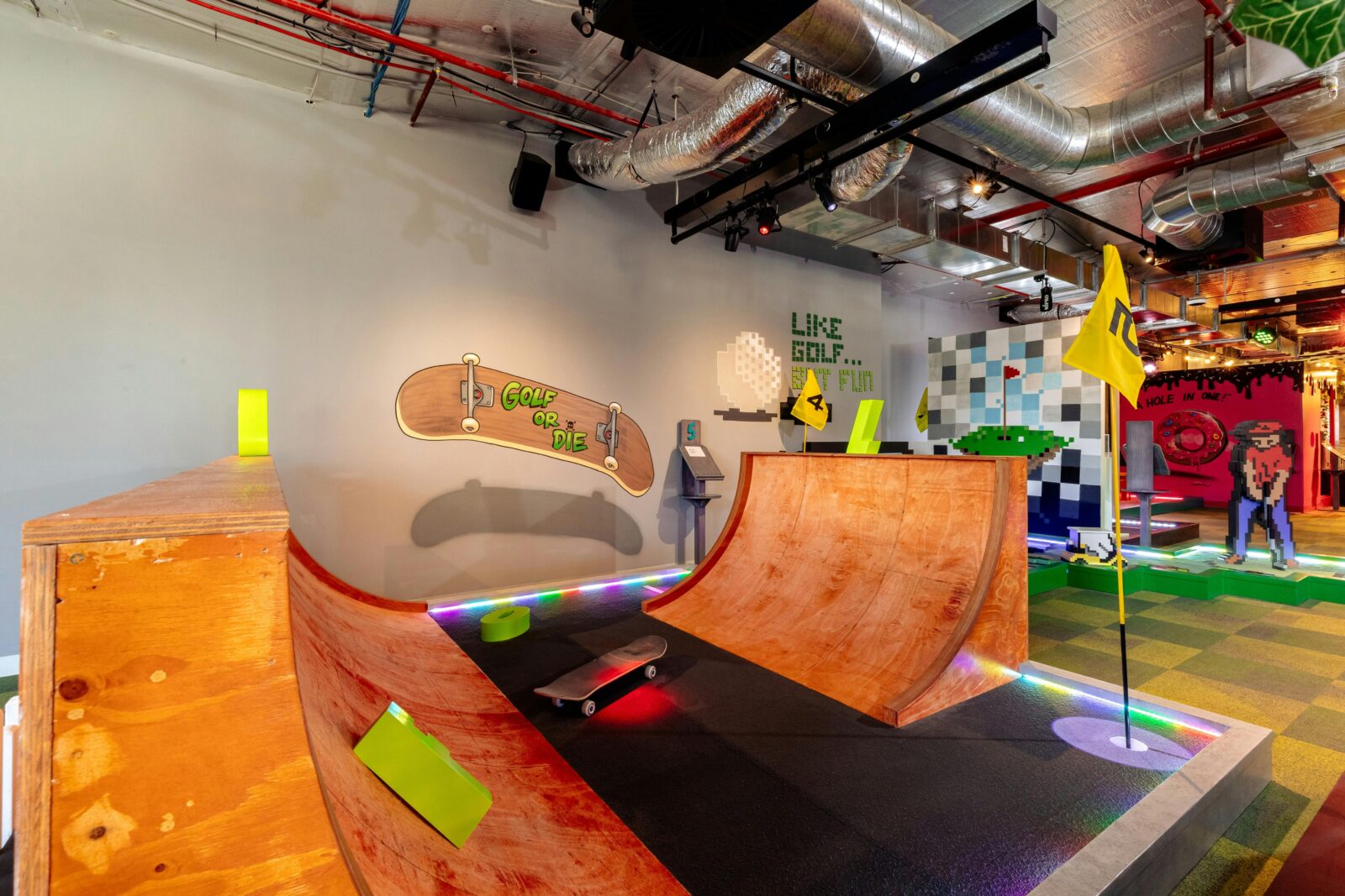 Mini golf in a half pipe is super radical