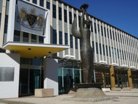 Front of Legislative Assembly of the ACT, featuring 'Ethos' statue artwork