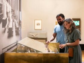 A man and woman viewing a collection in a gallery