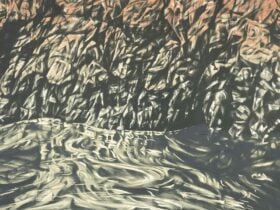 A colourful expressive watercolour monotype of tuross falls.