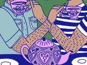 A drawing of two people drinking tea.