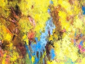 An abstract expressionism painting on canvas portraying colours of vibrant yellow, blue and pink.