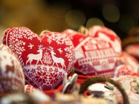 Heart shaped Christmas ornaments on display at a market