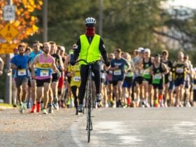 Lead bike ahead of the half marathon starting group