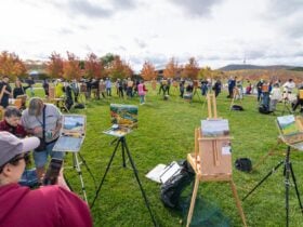 an artists easel with an artwork in front of a view of canberra and lake burley griffin