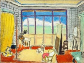 A landscape painting of art studio with large windows and a sea view