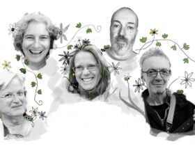 Five band members smiling with plants growing around them and creatures peeking out