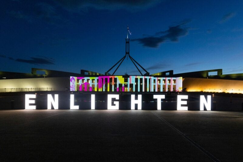Enlighten letters displayed in front of Parliament House