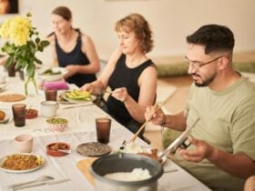 Students enjoying their cooked lunch together at Flow and Food in Lynheham