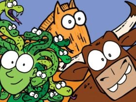 Smiling cartoon versions of a gorgon a bull and a horse