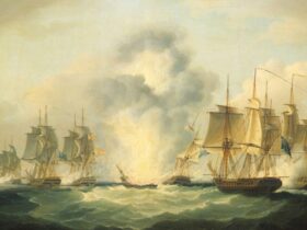 A painting depicting a battle between sailing ships at sea