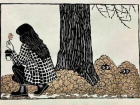 A linoprint depicting two hidden creatures eyes peeping towards a woman observing a leaf.