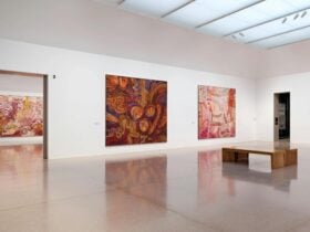 Installation view of large and colourful first nation