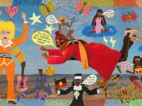 A vibrant acrylic artwork depicting artist Kaylene Whiskey soaring surrounded by colourful elements.