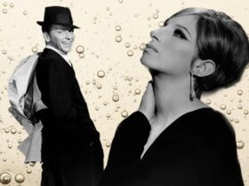 Frank Sinatra and Barbra Streisand in front of champagne bubbles - the show is a celebration