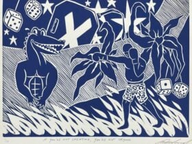 A blue woodcut image depicting a smiling crocodile, boxer and jerry can