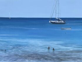 A realistic seascape acrylic painting depicting people swimming and boats.