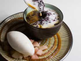 Black Rice Pudding w/ coconut cream, poached apple, lychee sorbet & butterscotch