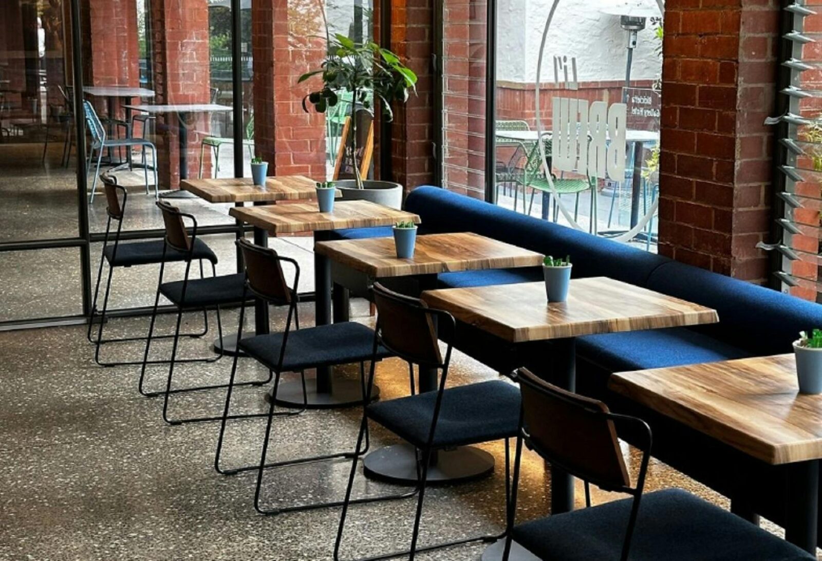 Row of seating inside cafe