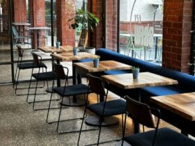Row of seating inside cafe
