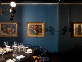 A dimly lit restaurant interior