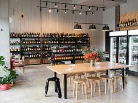 Store layout of Paranormal Wines - stools, tables and variety of wines