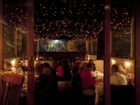 Romantic evening lighting over diners