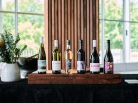 A line up of six Canberra wines on a wooden plinth