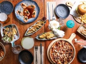 A spread of Asian-style food on a table.