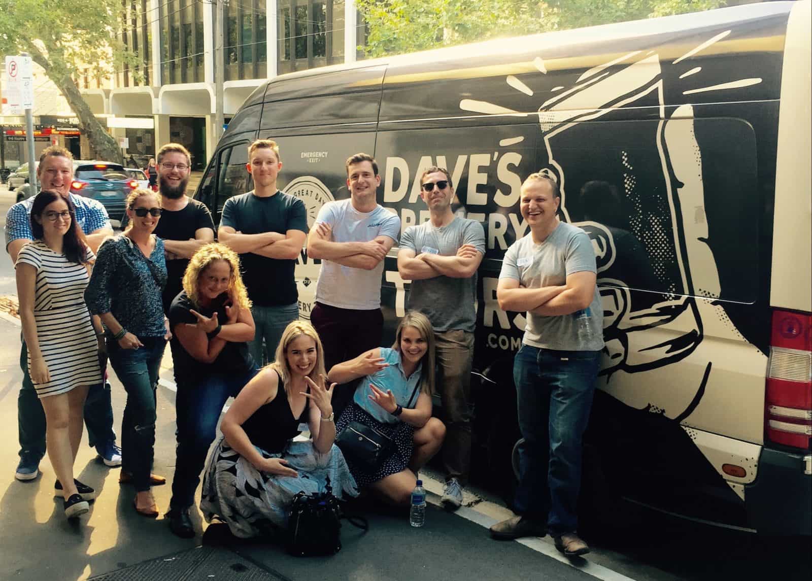 Beer tour participants in front of the Dave