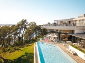 Drone shot showing pool and view at bannisters port stephens