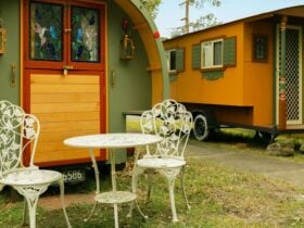 2 gypsy caravans at the front of the house - little green sleeps 2, bigger brown sleeps 4