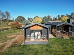 Guests standing on a private balcony of a modern cabin overlooking rural landscapes.