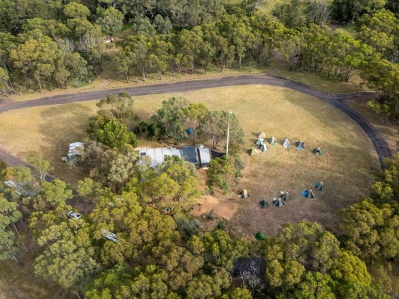 An aerial view of Camp Walaay group campground in Warrumbungle National Park. Photo: John Spencer
