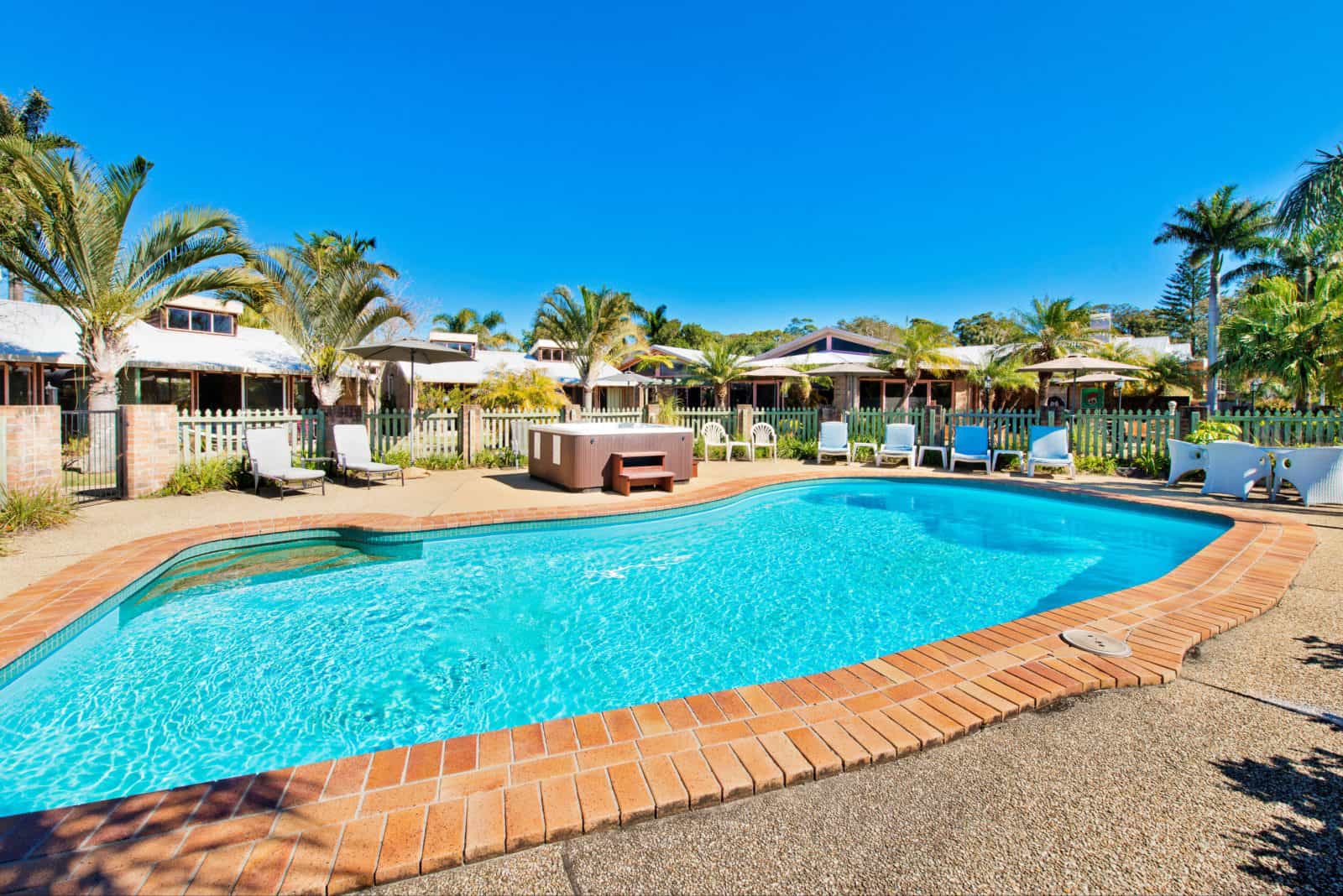 The lovely pool and spa are features of the Crescent Head Resort!