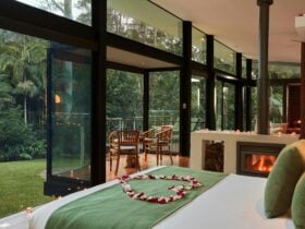 tic Lodge, with Log Fire Place, Rose Petal Heart on the Bed