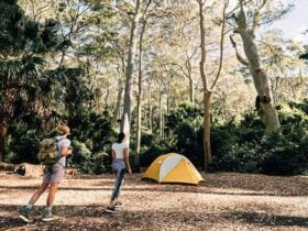 A couple walk to their tent at Depot Beach campground, Murramarang National Park. Photo: Melissa