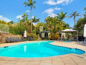Korora Bay Village Resort photo showing the pool area from the outdoor BBQ area towards reception.