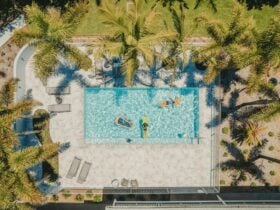 Aerial view of families enjoying the pool