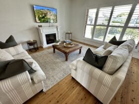 Comfy lounge room with fireplace