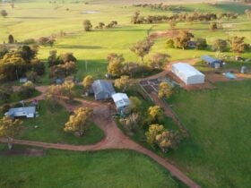 Aerial view of Mullemblah. Green paddocks and shearing sheds surround the house