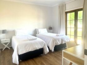 twin single beds, white quilt, french doors