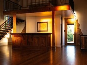 Underneath a mezzanine the original western red cedar p