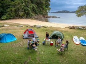 A group of campers sitting near their tents by the beach and bush at The Basin campground. Credit: