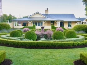 A tranquil retreat nestled amidst lush, vibrant gardens.