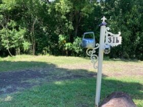 Look for this sign 700m up the dirt road. It goes down and to the right, with road-base and drainage for all-weather access.