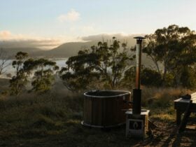 Woodfired hot tub looking over the valley