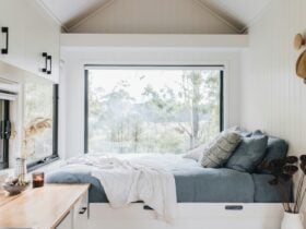 Queen bed overlooking surrounding bushland