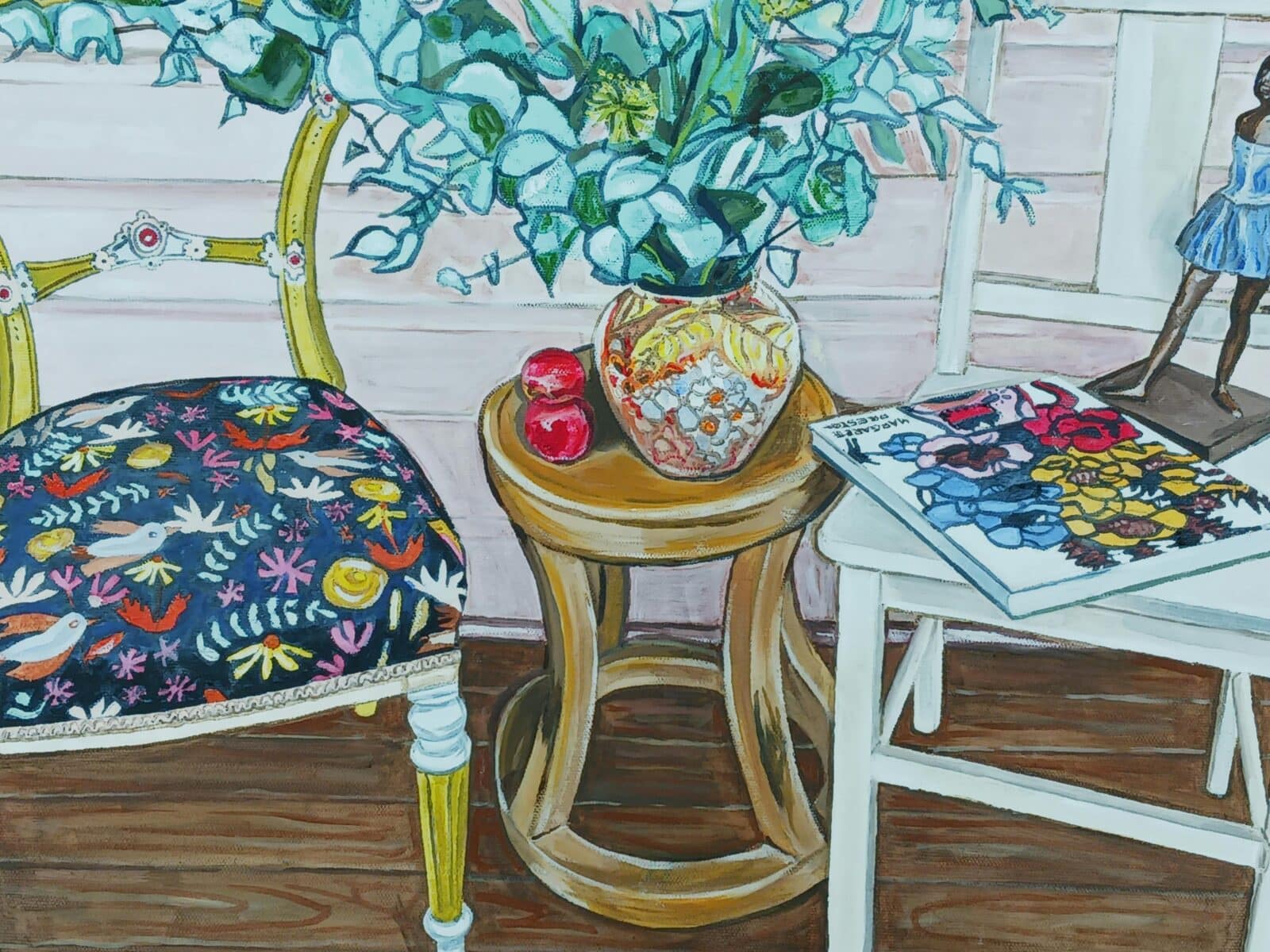 Painting of an indoor scene with two upholstered chairs and a small table