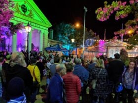 Night shot of a crowd in a festival street with coloured lighting